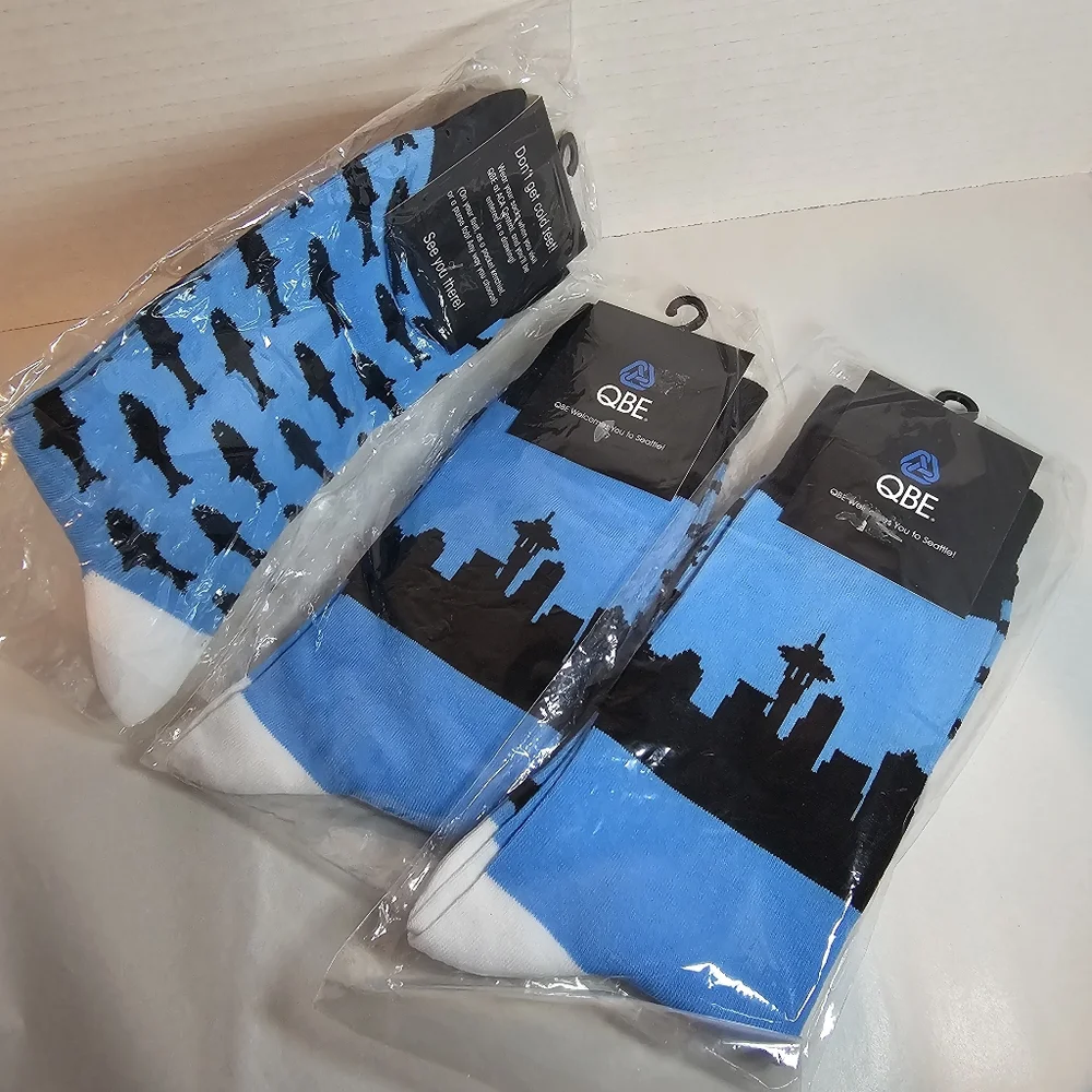 Seattle Skyline & Fish Socks 3 Pair NEW in Packages
